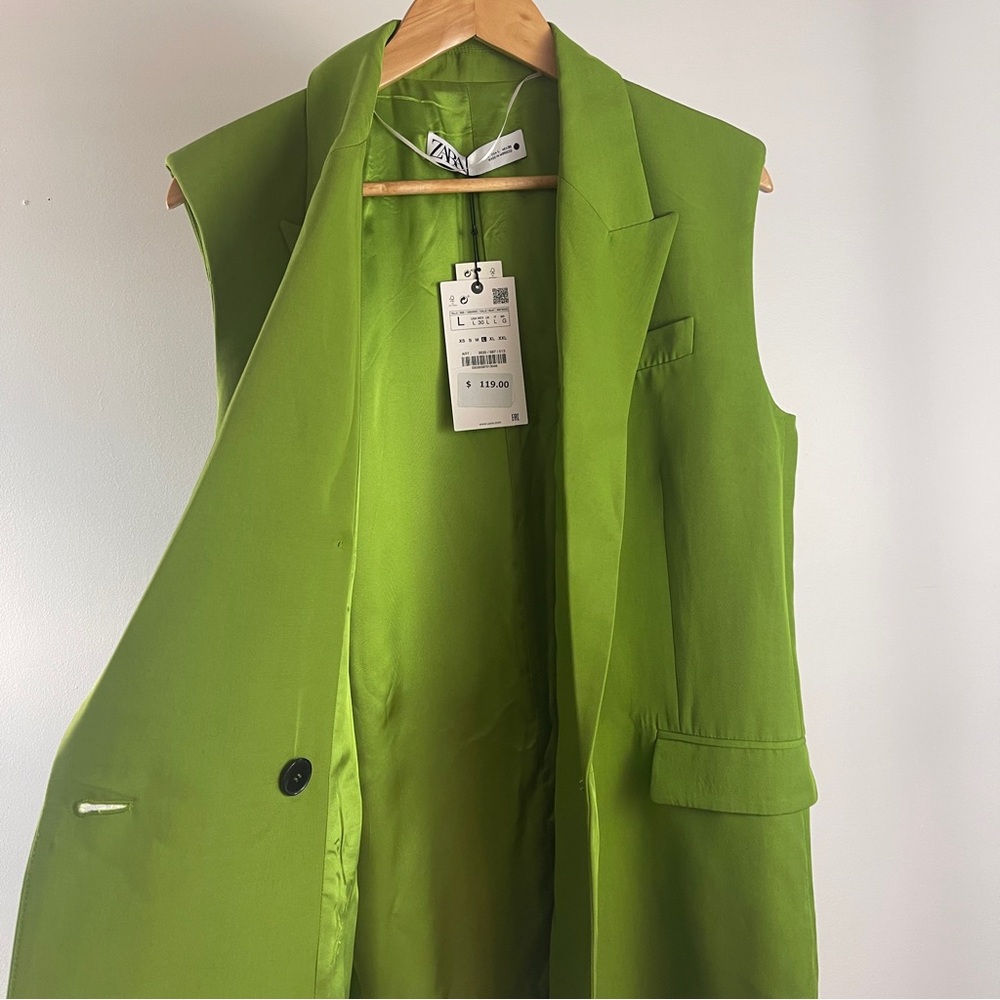 Zara Lime Green double breasted Blazer Vest with Belt L - Picture 5 of 6